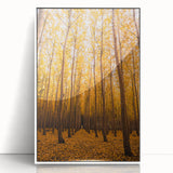 Art deco poster of a stylized autumn tree in orange and brown tones, framed in white acrylic, suitable for nursery wall art.