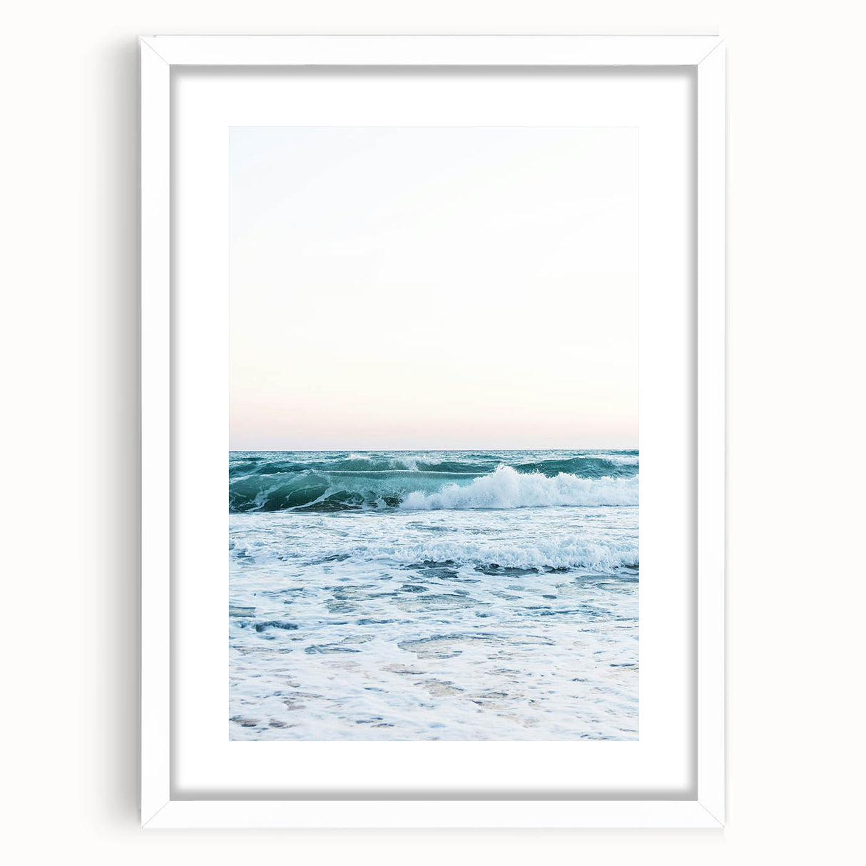 Abstract art print featuring swirling blue and green hues on a white framed canvas.