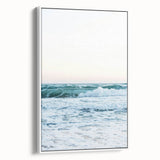 Vintage poster art of a colorful summer scene on a large framed canvas, ideal for living room decor.