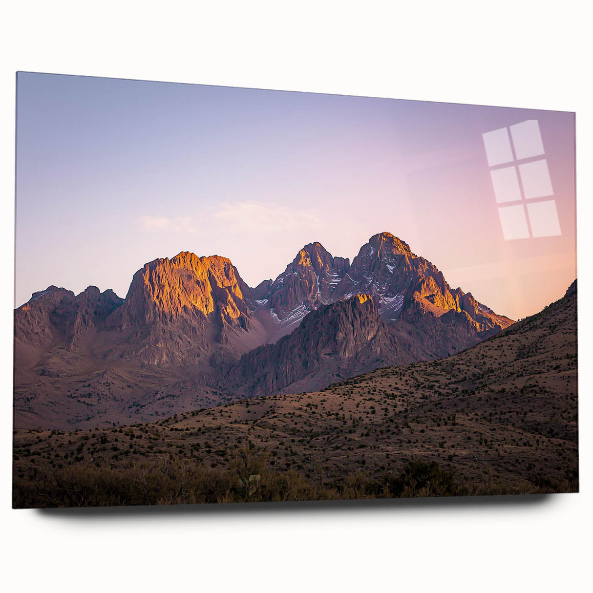 Acrylic wall art depicting a stunning cliff landscape in vibrant colors, showcasing intricate details and a modern glass frame for a sleek presentation. Ideal for enhancing interior decor with a touch of nature-inspired elegance.