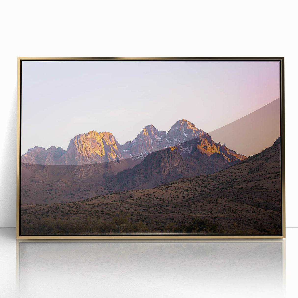 Framed acrylic artwork titled "Landscapes Cliffs" showcasing a serene cliffside view with vibrant colors and gold accents, ideal for modern home decor.