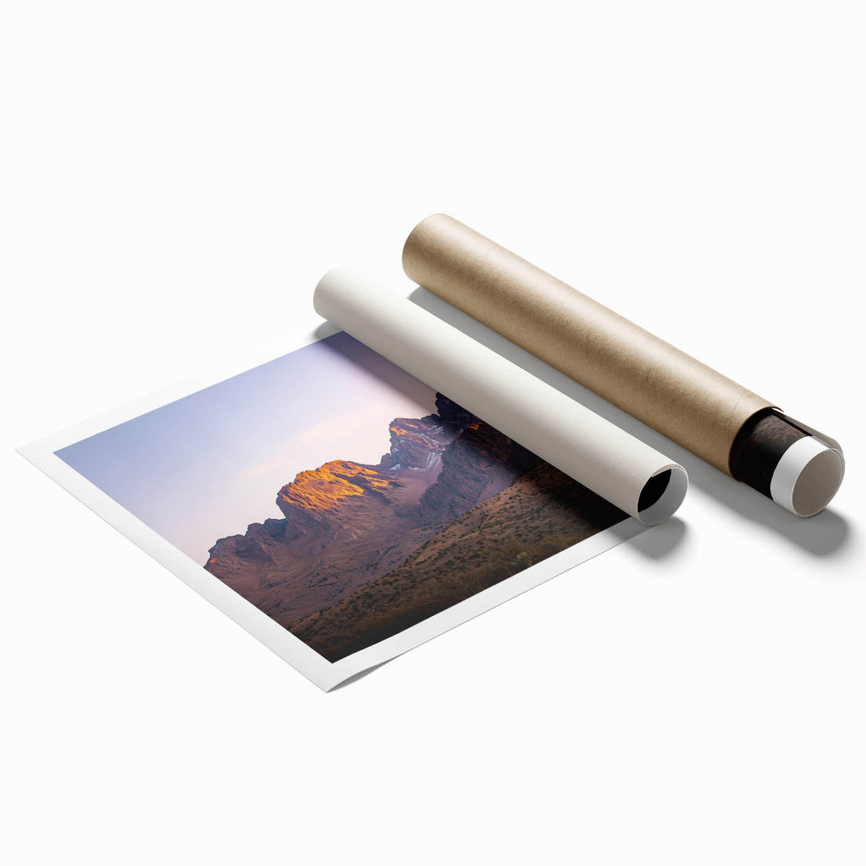 Vibrant rolled canvas print showcasing a stunning landscape of rugged cliffs against a bright blue sky, perfect for home decor or art collection.