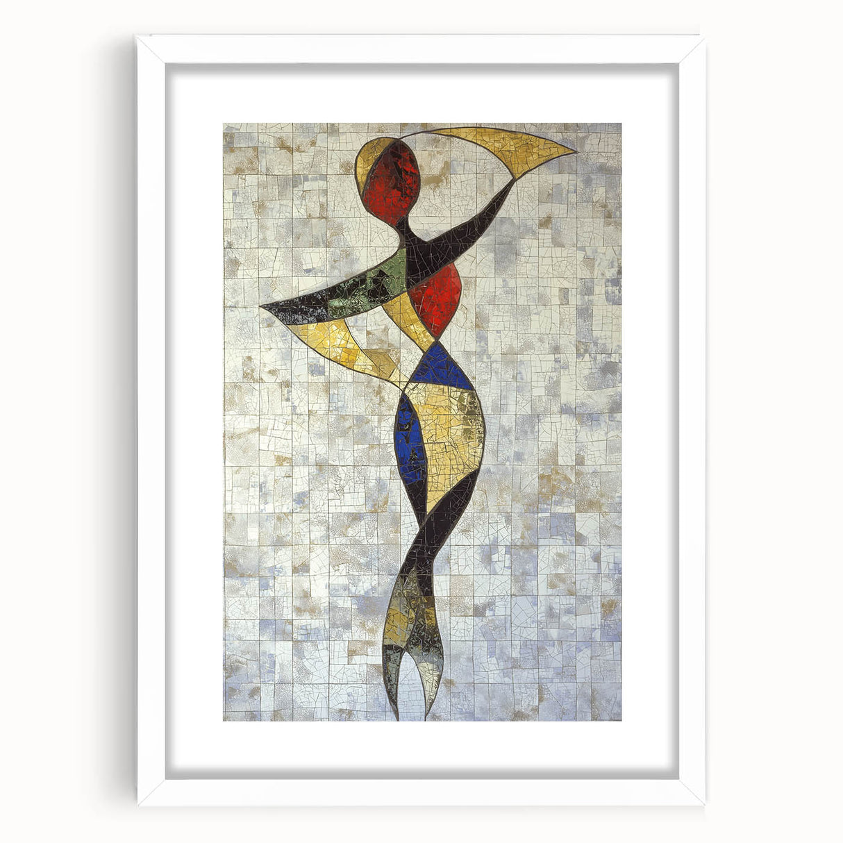 Abstract figurative wall art frame with a white mat, showcasing vibrant colors and dynamic shapes, perfect for modern home decor and artistic expression.