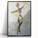 Abstract figurative art piece in a sleek black frame, showcasing vibrant colors and dynamic shapes, ideal for modern home decor or artistic display.