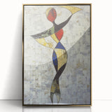 Framed acrylic artwork titled "Design 151" featuring abstract figurative shapes in warm gold tones, elegantly displayed against a simple background, perfect for modern home decor.