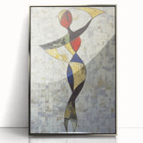 Abstract figurative artwork in a sleek silver frame, showcasing vibrant colors and dynamic shapes, perfect for modern home decor or art enthusiasts.
