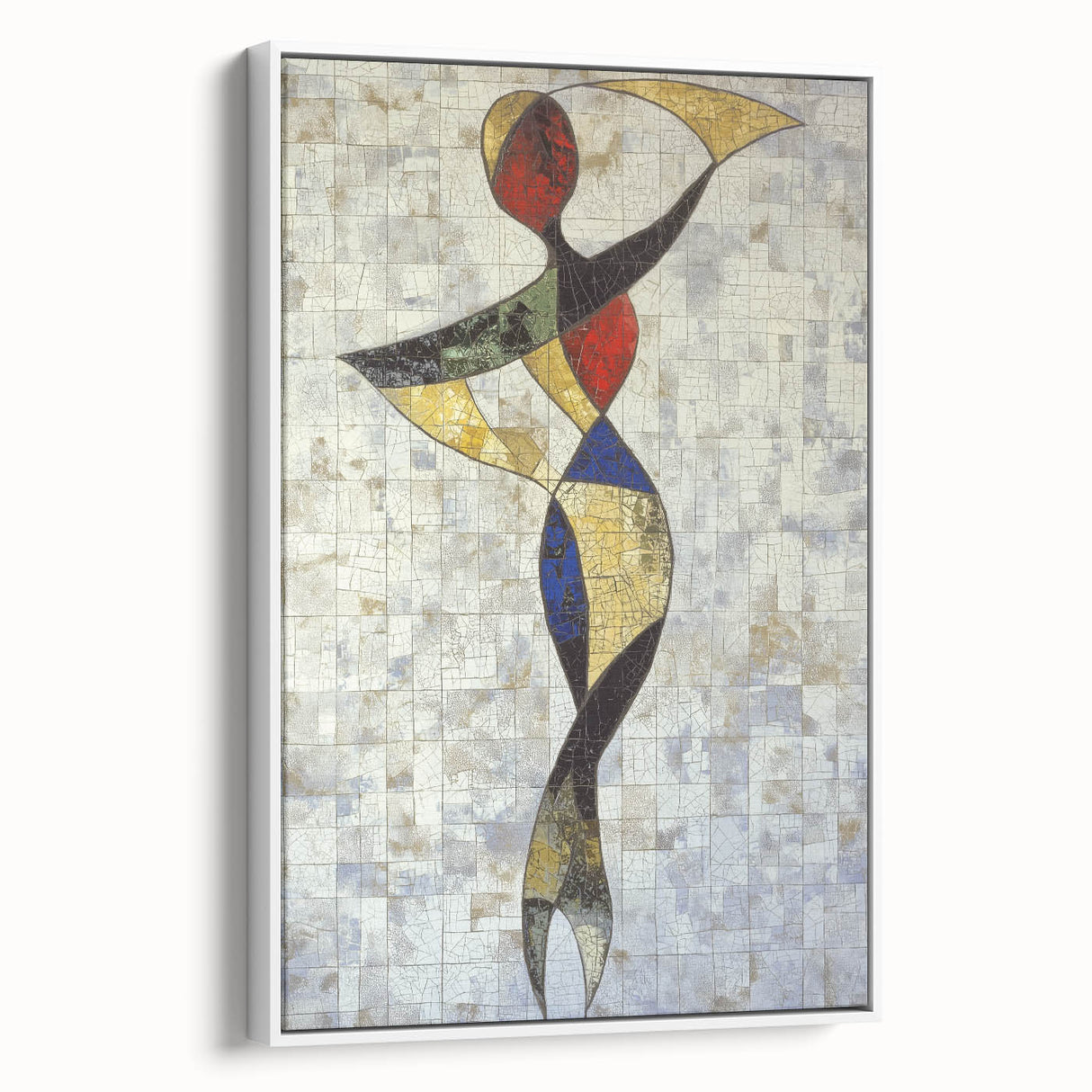 Abstract figurative framed canvas artwork featuring a minimalist design with soft white hues, displayed in a contemporary setting, ideal for modern home decor.