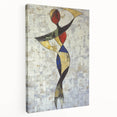 Abstract figurative stretched canvas artwork showcasing vibrant colors and dynamic shapes, viewed from the side, perfect for modern home decor.