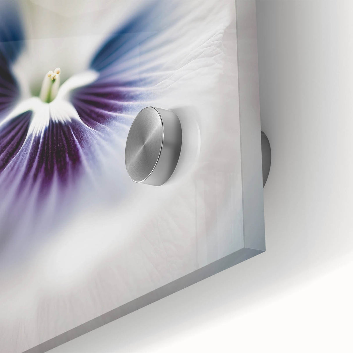 Close-up of vibrant abstract floral wall art printed on acrylic glass, showcasing intricate designs and bold colors, perfect for modern home decor.