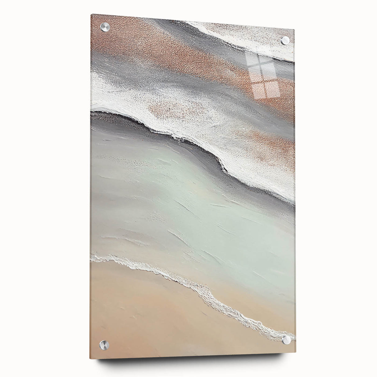 Abstract landscape wall art made from acrylic glass, showcasing vibrant colors and intricate textures, displayed with metal pins against a minimalist backdrop.