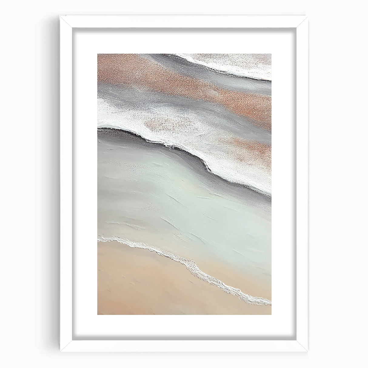 Abstract landscape wall art framed in white with a mat, showcasing soft earth tones and fluid shapes, ideal for modern home decor and artistic interiors.