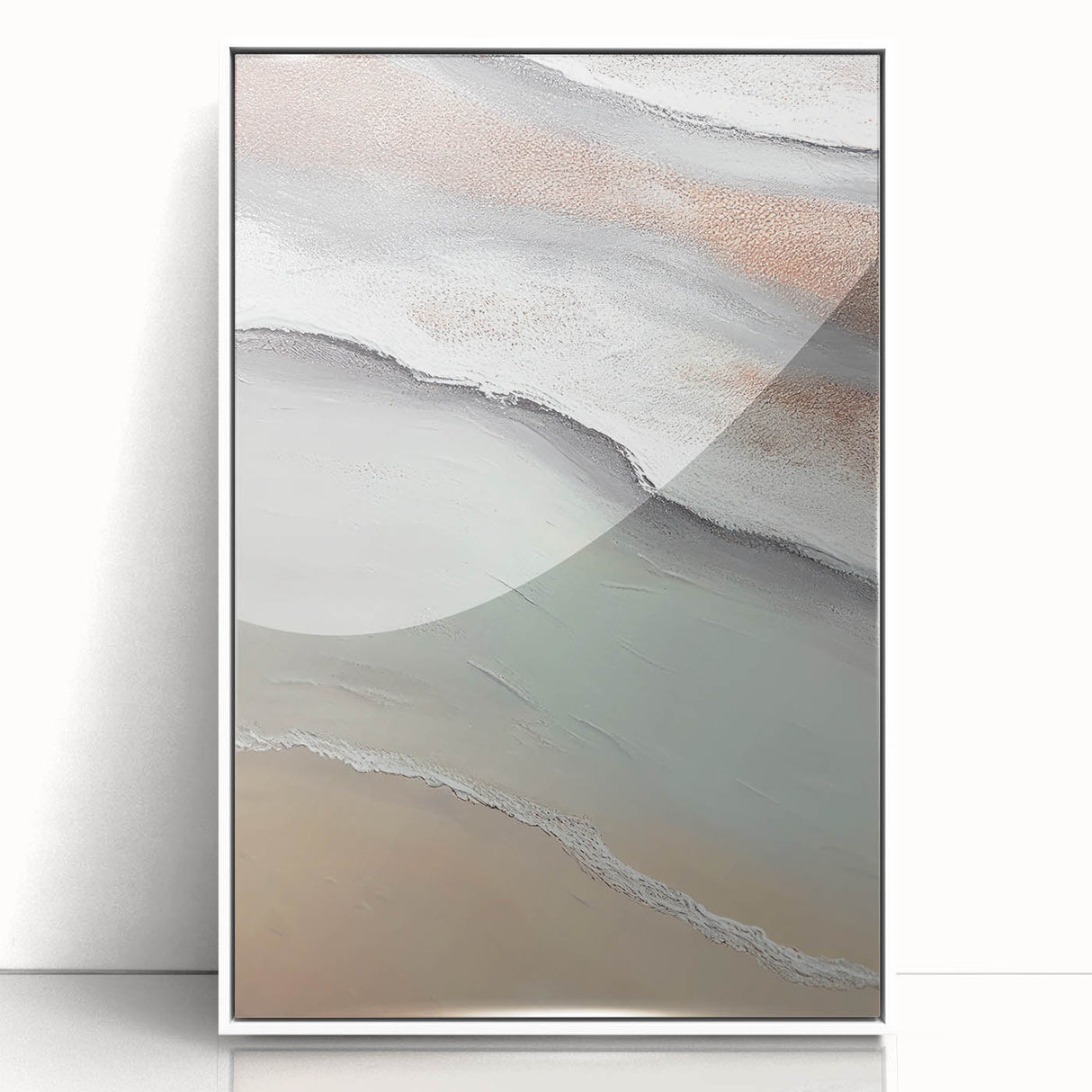 Framed abstract landscape wall art in a sleek white frame, showcasing vibrant colors and fluid shapes, perfect for modern home decor or office spaces.