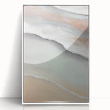 Framed abstract landscape wall art in a sleek white frame, showcasing vibrant colors and fluid shapes, perfect for modern home decor or office spaces.