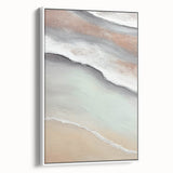 Framed abstract landscape wall art featuring soft earthy tones and dynamic brushstrokes, displayed in a sleek white frame, perfect for modern decor.