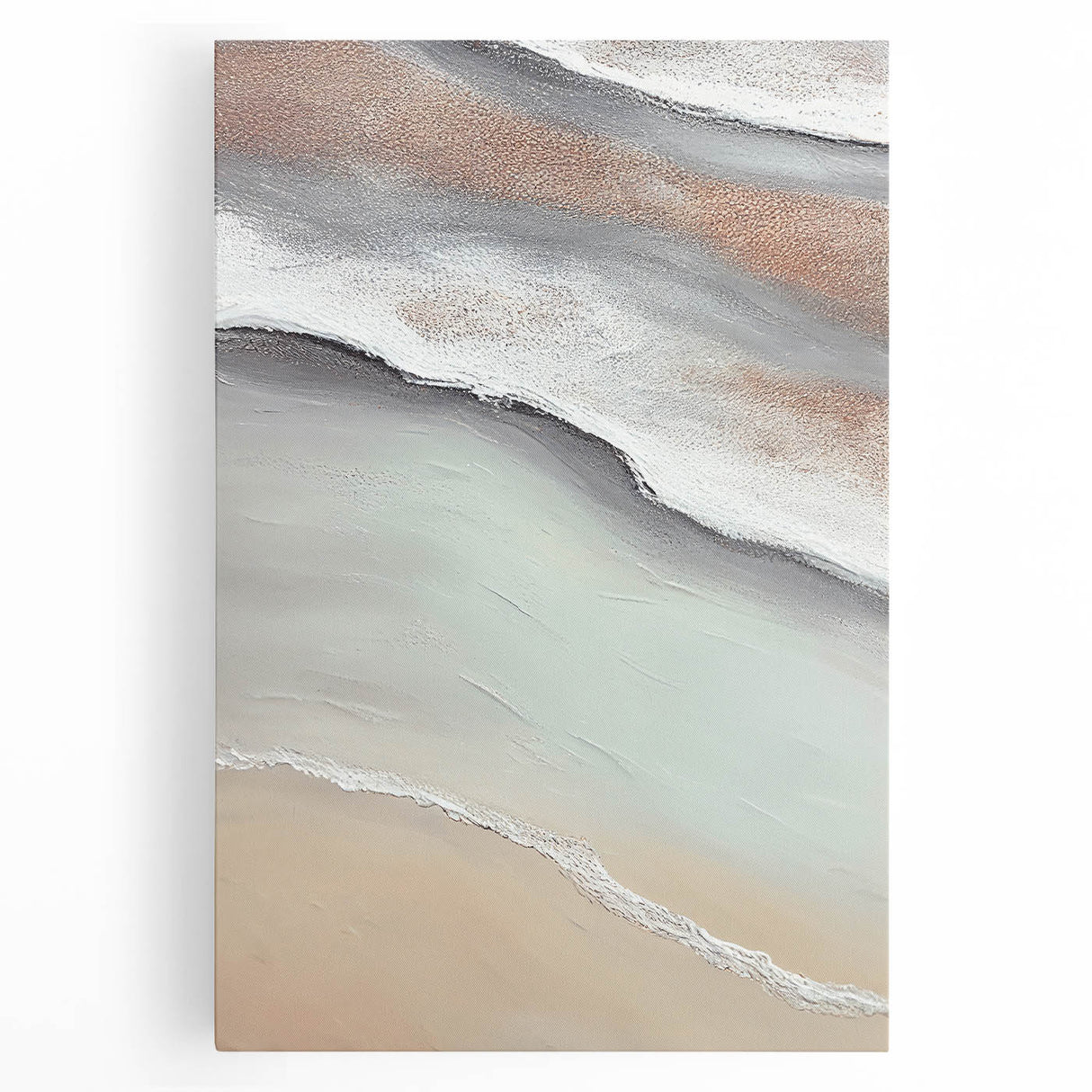 Abstract landscape wall art on stretched canvas, showcasing vibrant hues of blue, green, and orange, perfect for modern home decor, available for purchase.
