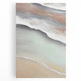 Abstract landscape wall art on stretched canvas, showcasing vibrant hues of blue, green, and orange, perfect for modern home decor, available for purchase.