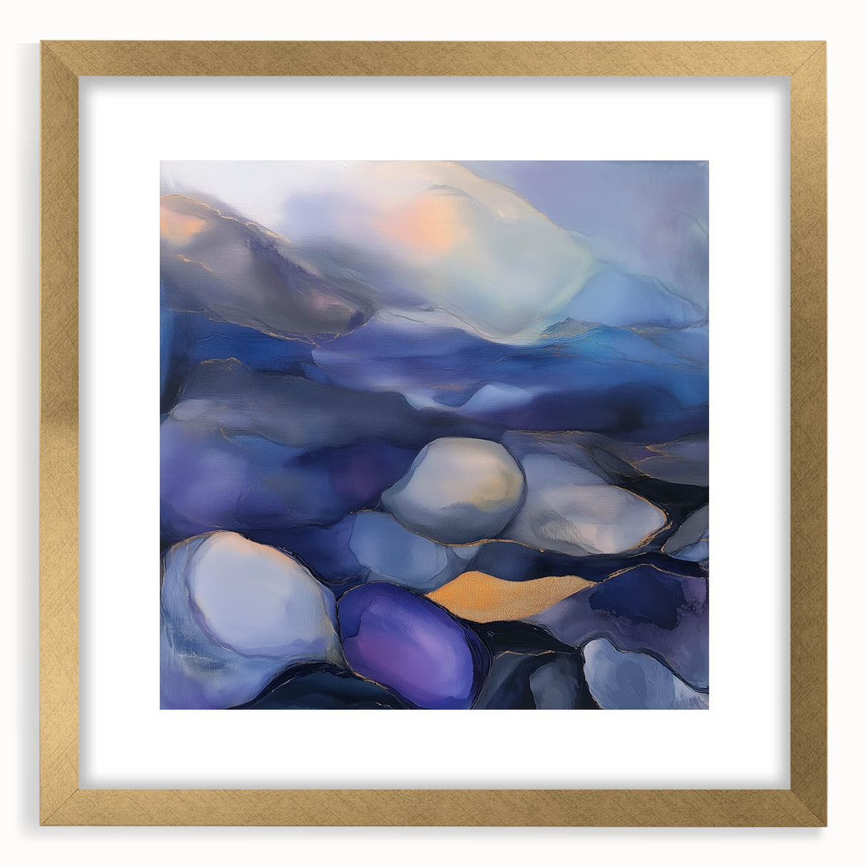 Fluid Abstract Wall Art – Violet, Navy & Gold Stone-Inspired Design