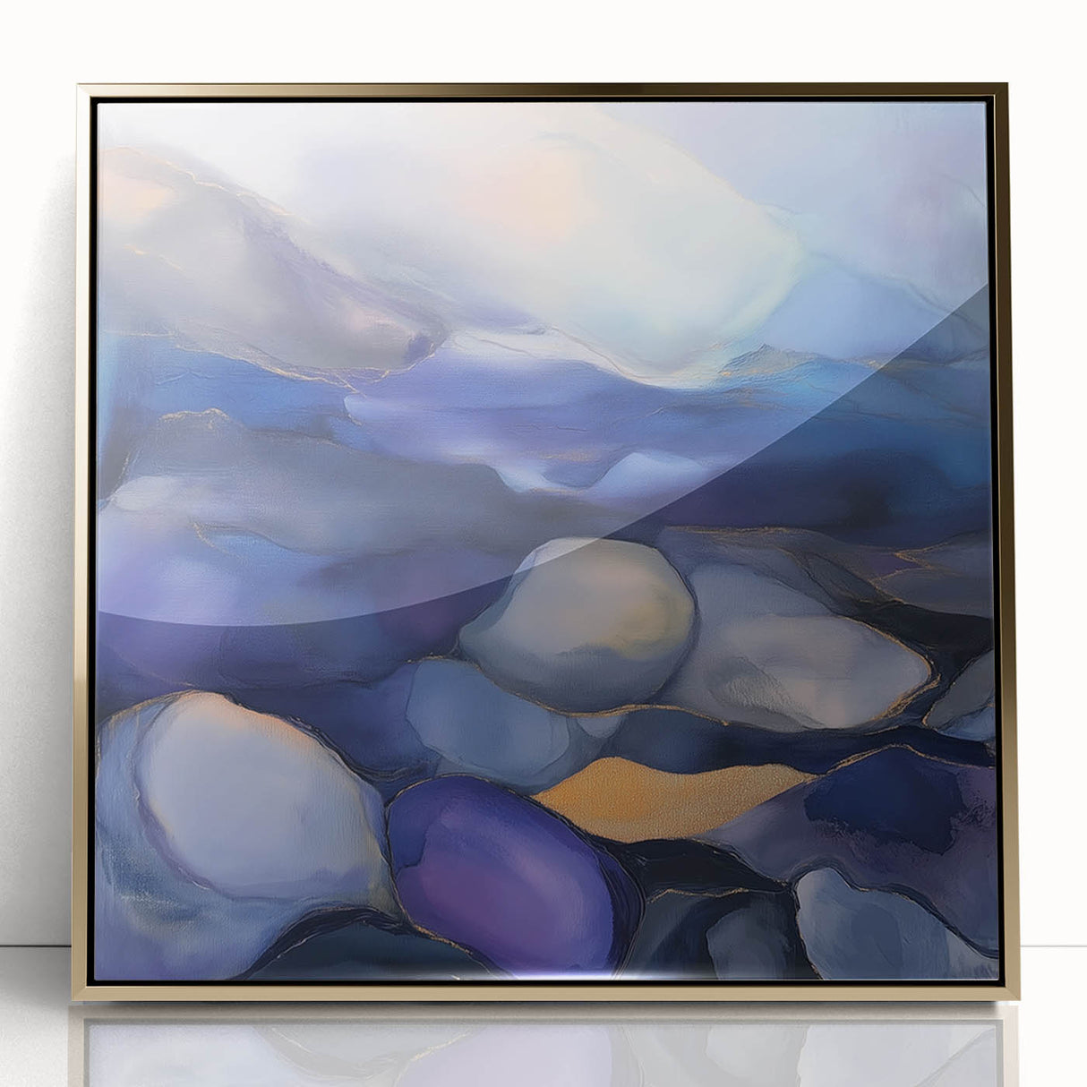 Fluid Abstract Wall Art – Violet, Navy & Gold Stone-Inspired Design