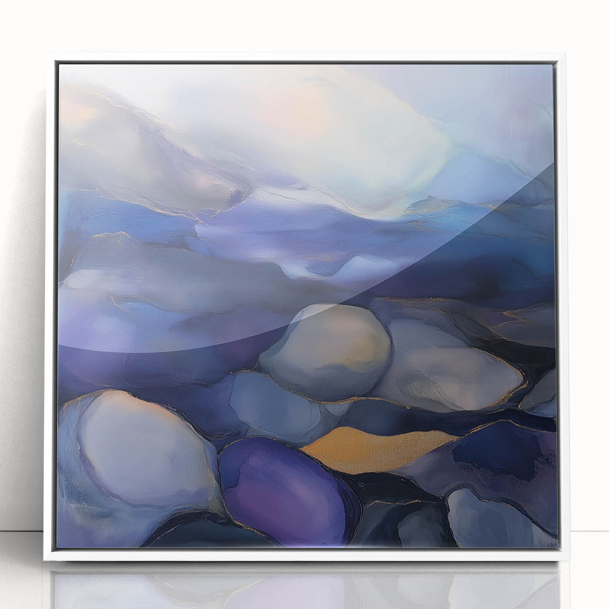 Fluid Abstract Wall Art – Violet, Navy & Gold Stone-Inspired Design