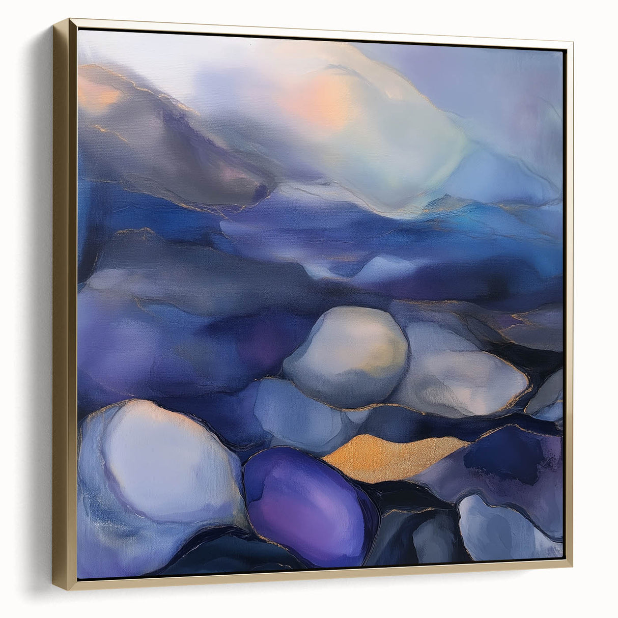 Fluid Abstract Wall Art – Violet, Navy & Gold Stone-Inspired Design