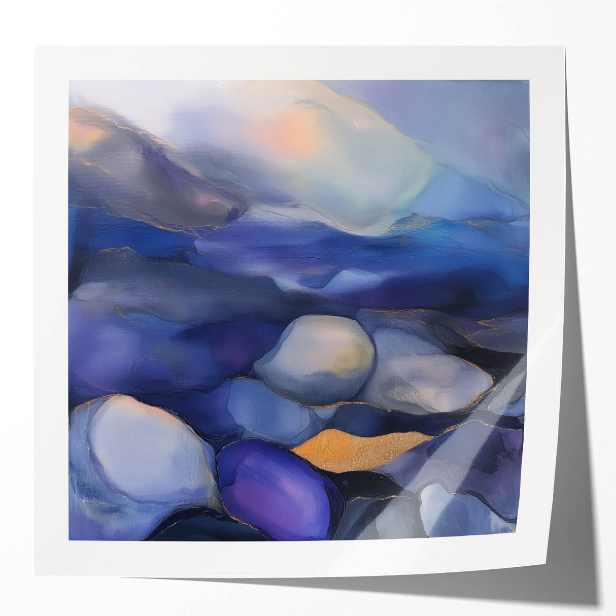 Fluid Abstract Wall Art – Violet, Navy & Gold Stone-Inspired Design