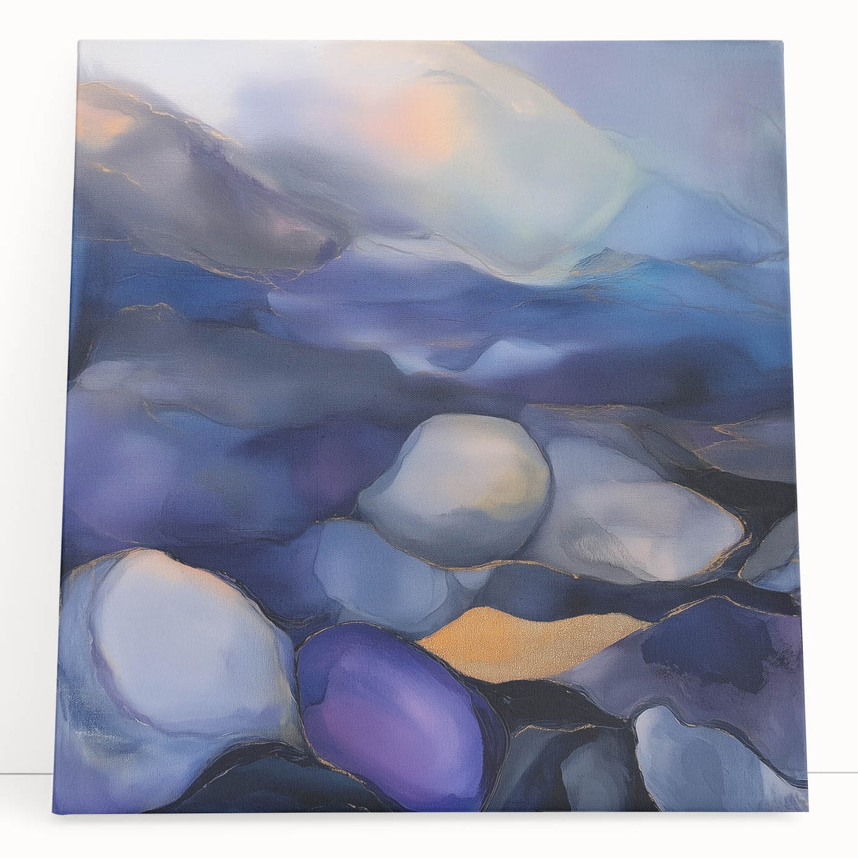 Fluid Abstract Wall Art – Violet, Navy & Gold Stone-Inspired Design