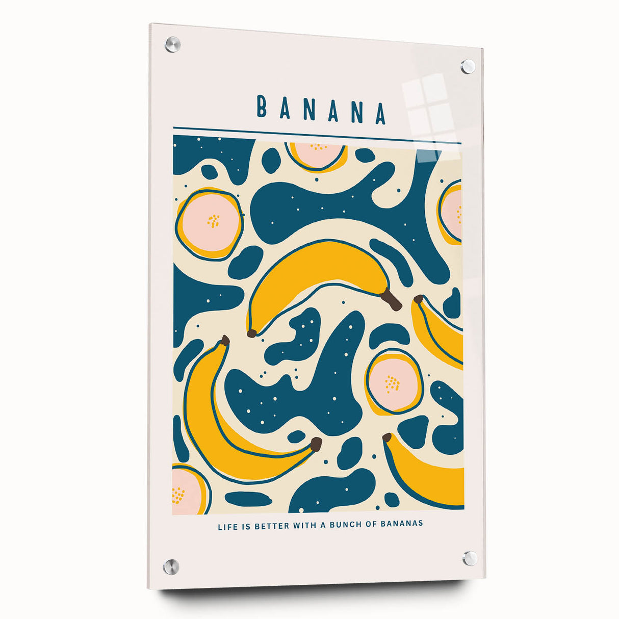 Large abstract wall art featuring an assortment of fruits in vibrant colors on acrylic glass, suitable for dining room decor.