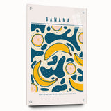 Large abstract wall art featuring an assortment of fruits in vibrant colors on acrylic glass, suitable for dining room decor.