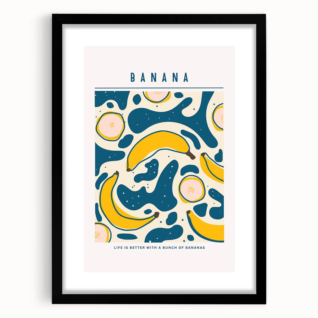 Extra large abstract art print featuring a colorful array of fruits on textured canvas, framed in black.