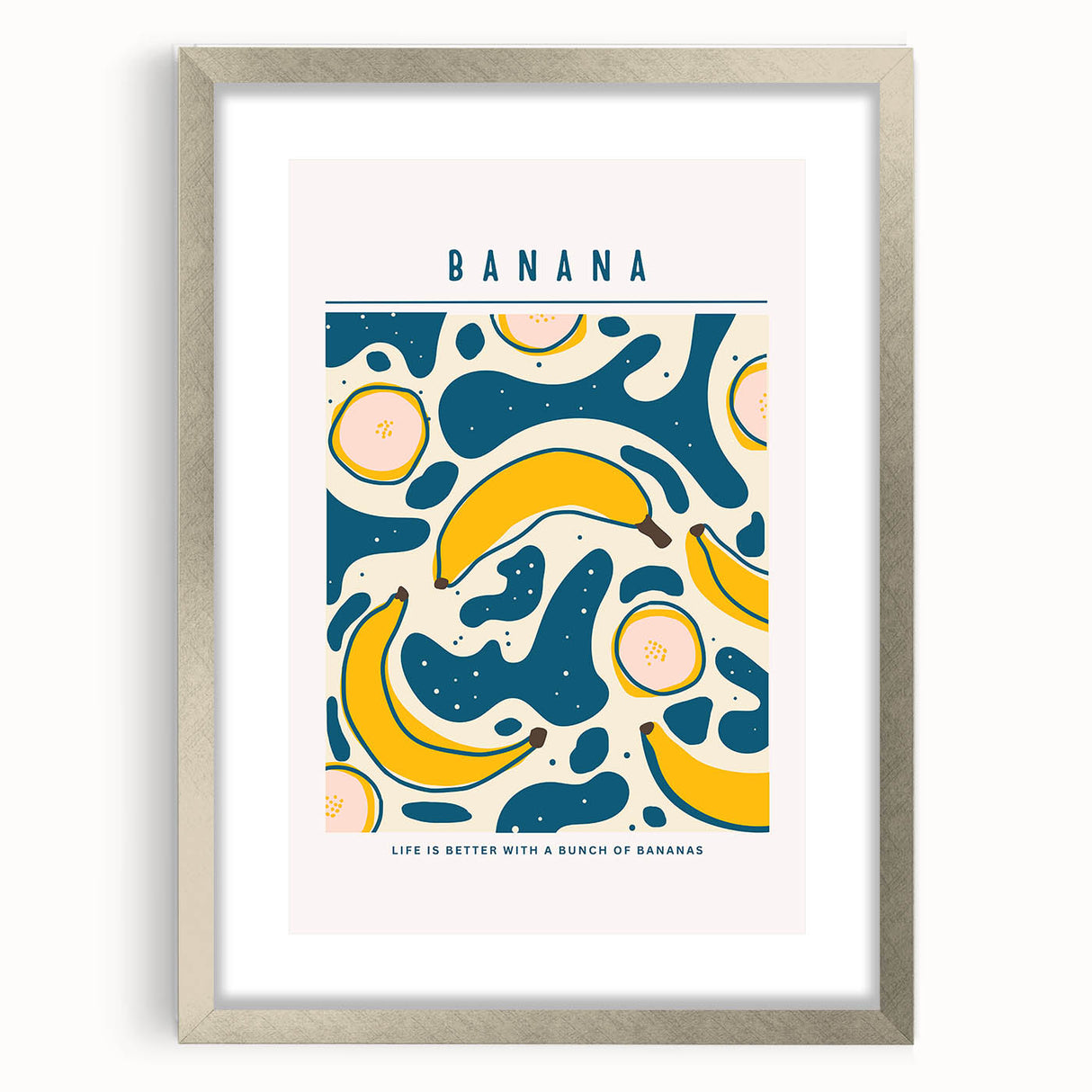 Textured art depicting abstract fruits in vibrant orange and green, framed in silver, ideal for bedroom decor.