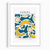 Abstract art print featuring assorted fruits in vibrant colors on a white framed mat, suitable for dining room decor.