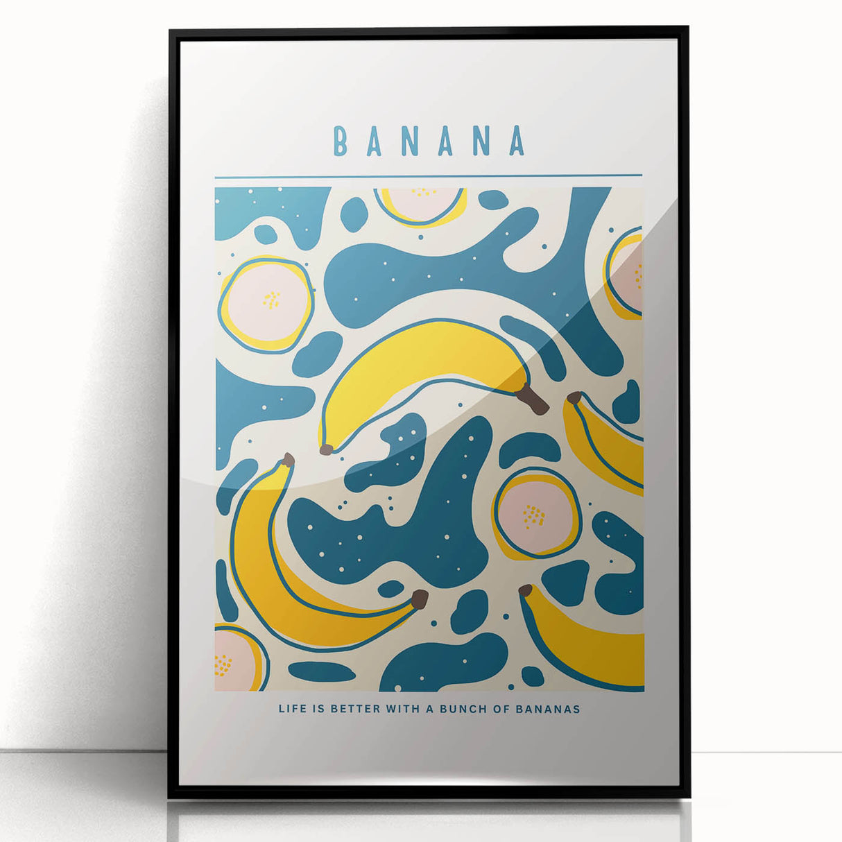 Large abstract wall art featuring assorted fruits in vibrant colors, framed in black acrylic.