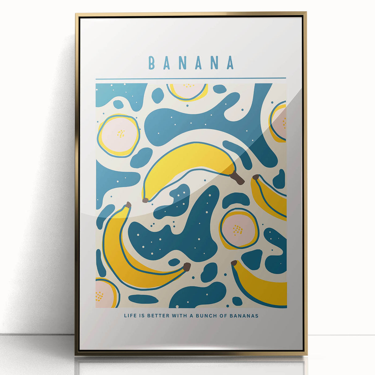 Large acrylic print of colorful fruits in mid-century modernist style, framed in gold, suitable for modern kitchen decor.
