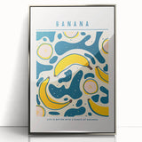 Mid-century modernist art featuring assorted fruits in vibrant colors on a silver-framed acrylic print.