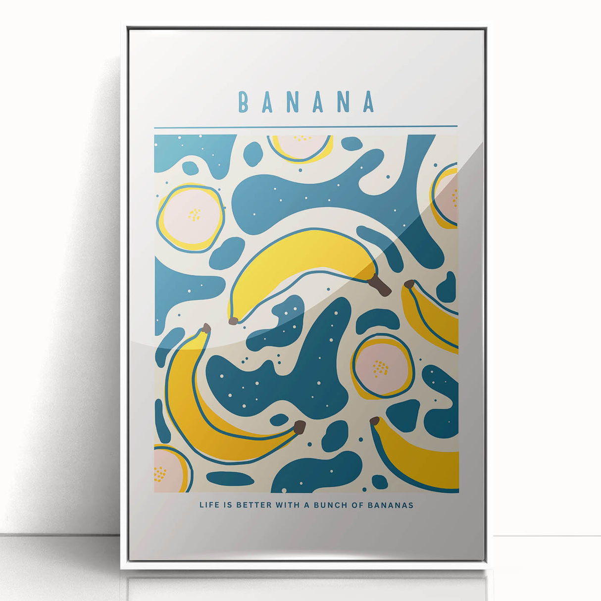 Acrylic print of colorful fruits in art deco style, framed in white, ideal for modern nursery wall art.