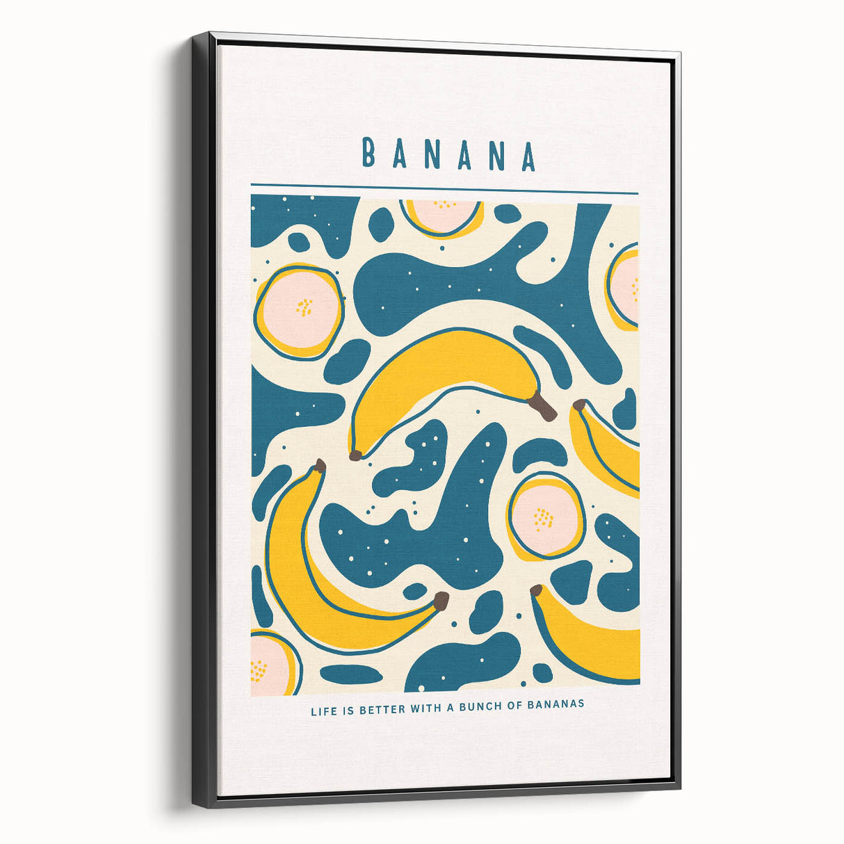 Black and white vintage poster art of assorted fruits on framed canvas, suitable for bedroom wall decor.