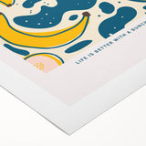 Art deco poster featuring an array of fruits in vibrant colors on a rolled canvas, suitable for dining room decor.