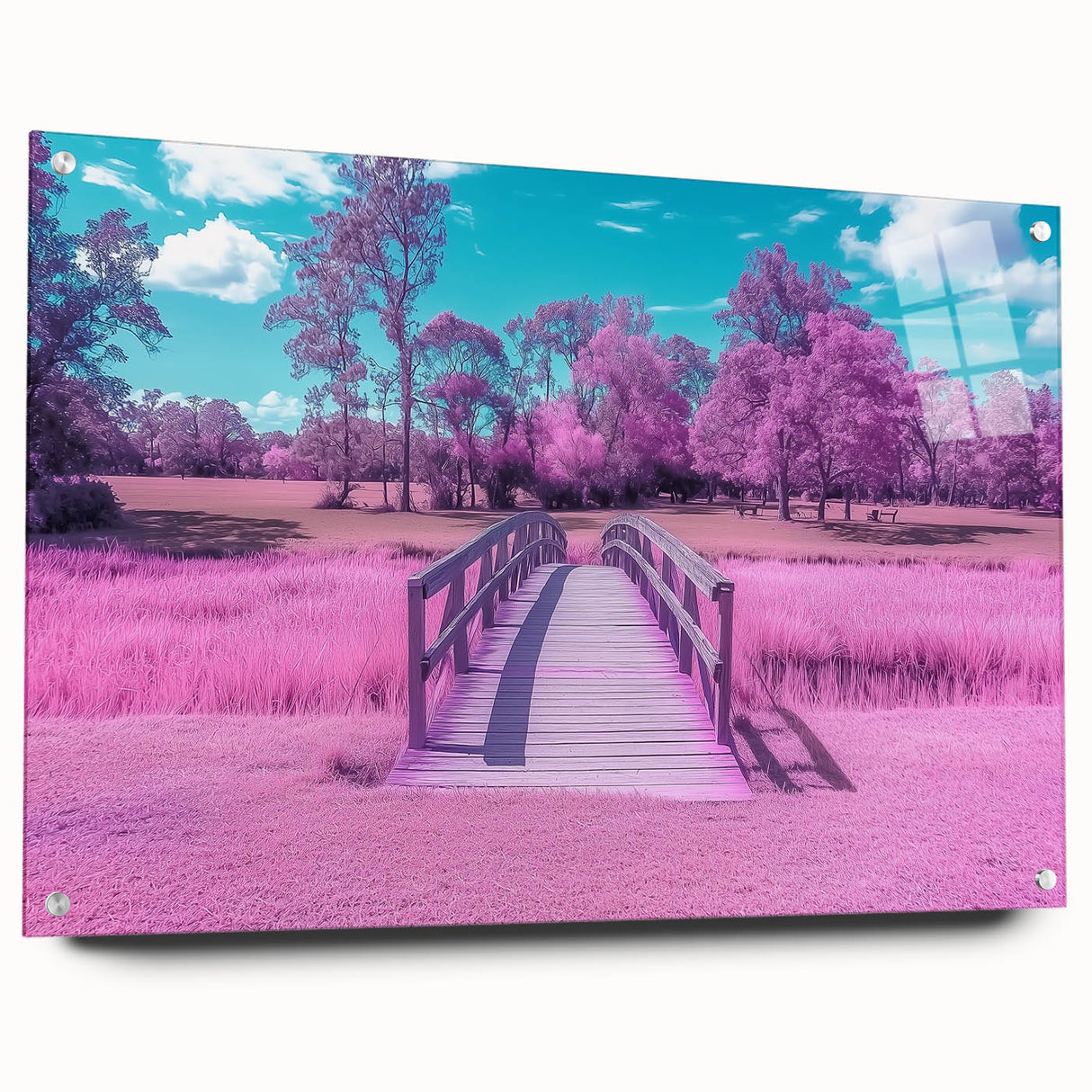 Acrylic glass landscape bridge design showcasing a vibrant view with intricate details and pins, ideal for modern home decor or artistic displays.