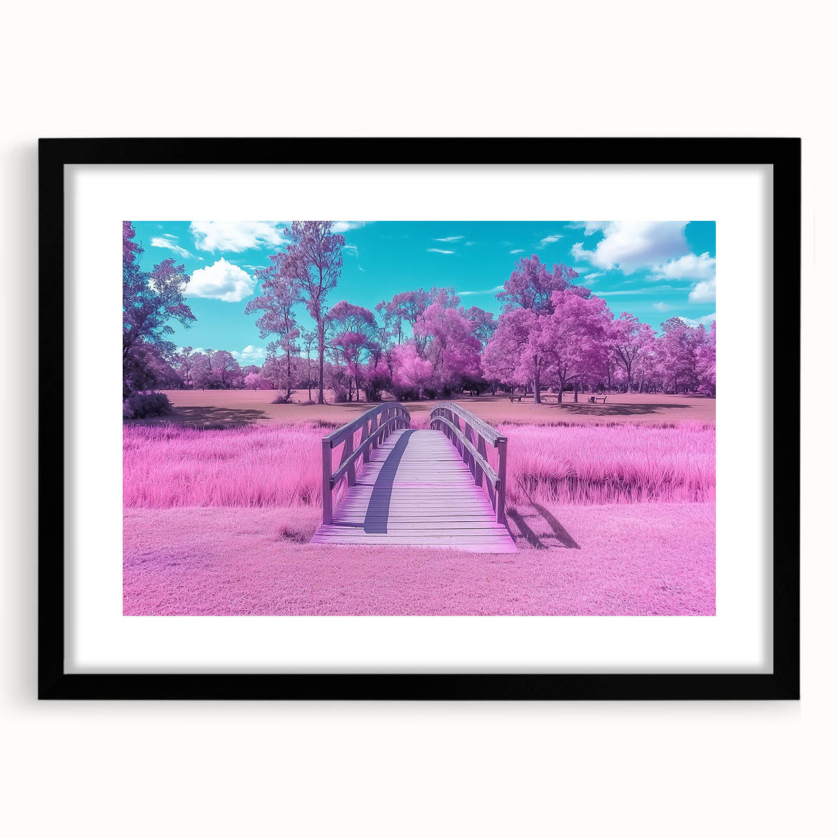 Landscape bridge frame with a black mat, showcasing a modern design ideal for home decor, emphasizing sophistication and elegance in interior styling.