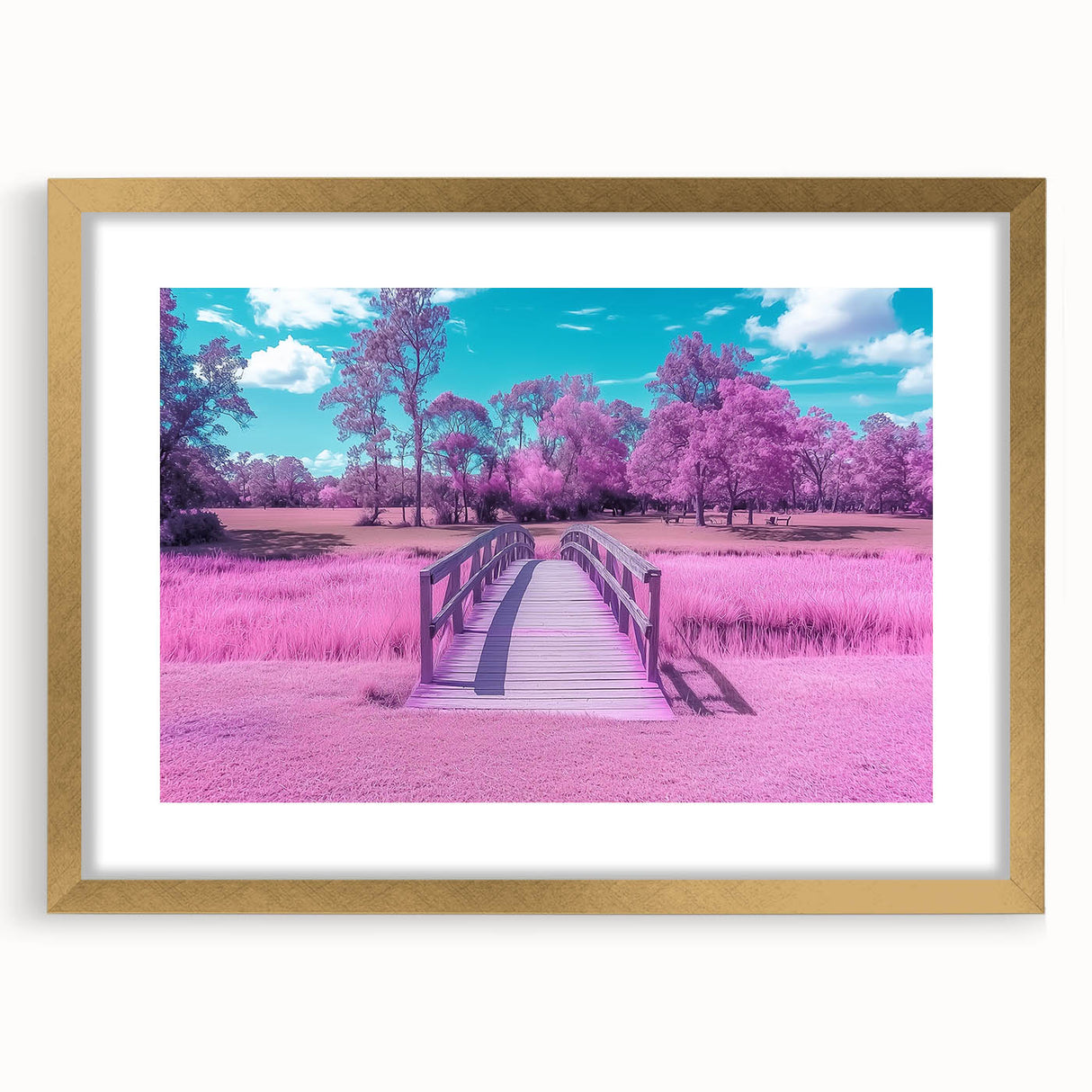 Elegant gold landscape bridge frame with a white mat, showcasing a serene nature scene. Ideal for home decor, adding sophistication to any space.