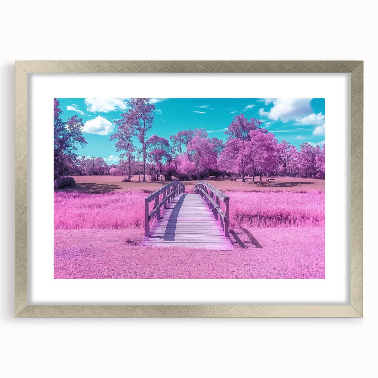 Silver landscape bridge frame with matting, showcasing an elegant front view, ideal for displaying artwork or photography in homes or offices.