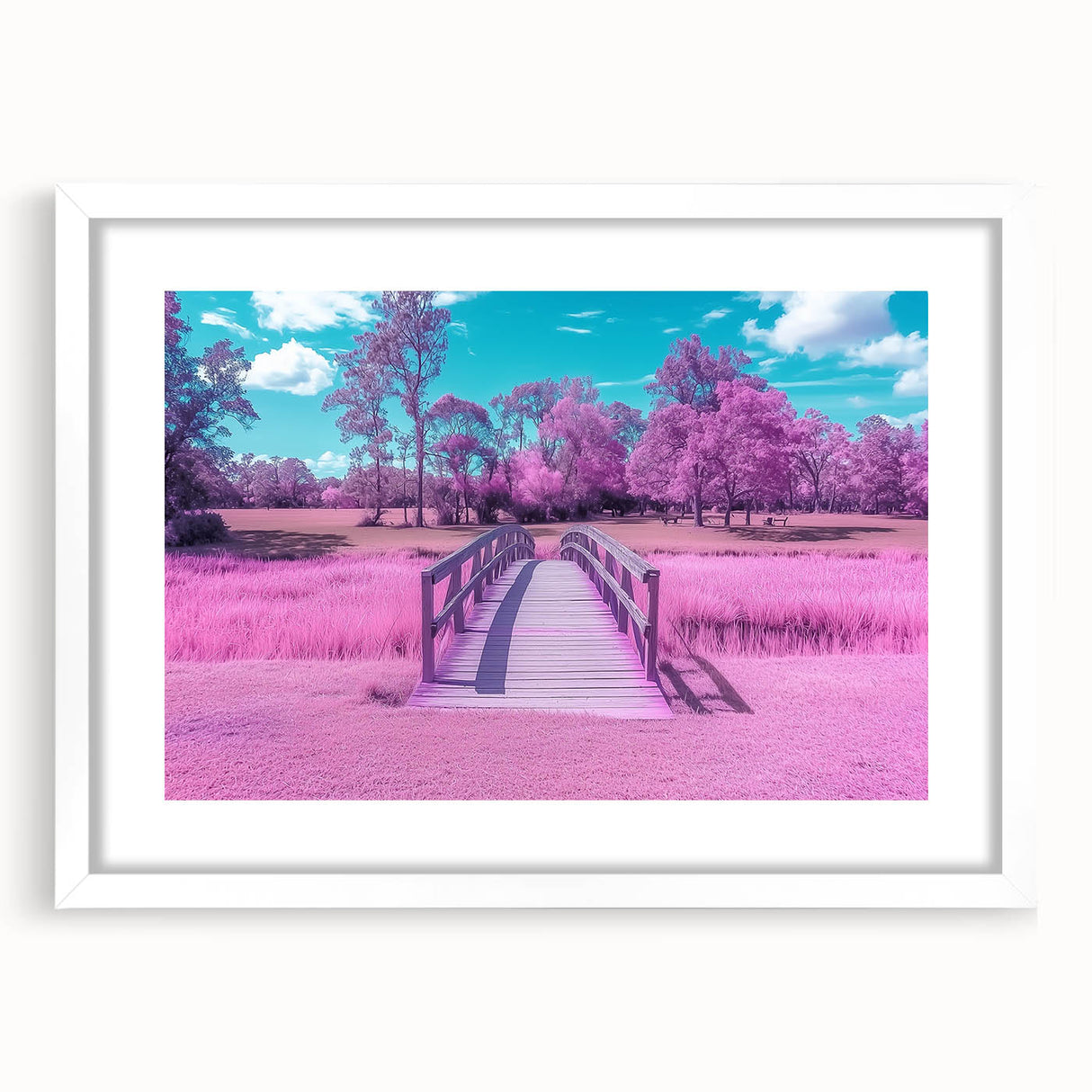 Landscape bridge frame with a white mat, showcasing a modern design, perfect for displaying artwork or photographs. Ideal for home decor or gallery settings, adding elegance and style to any space.