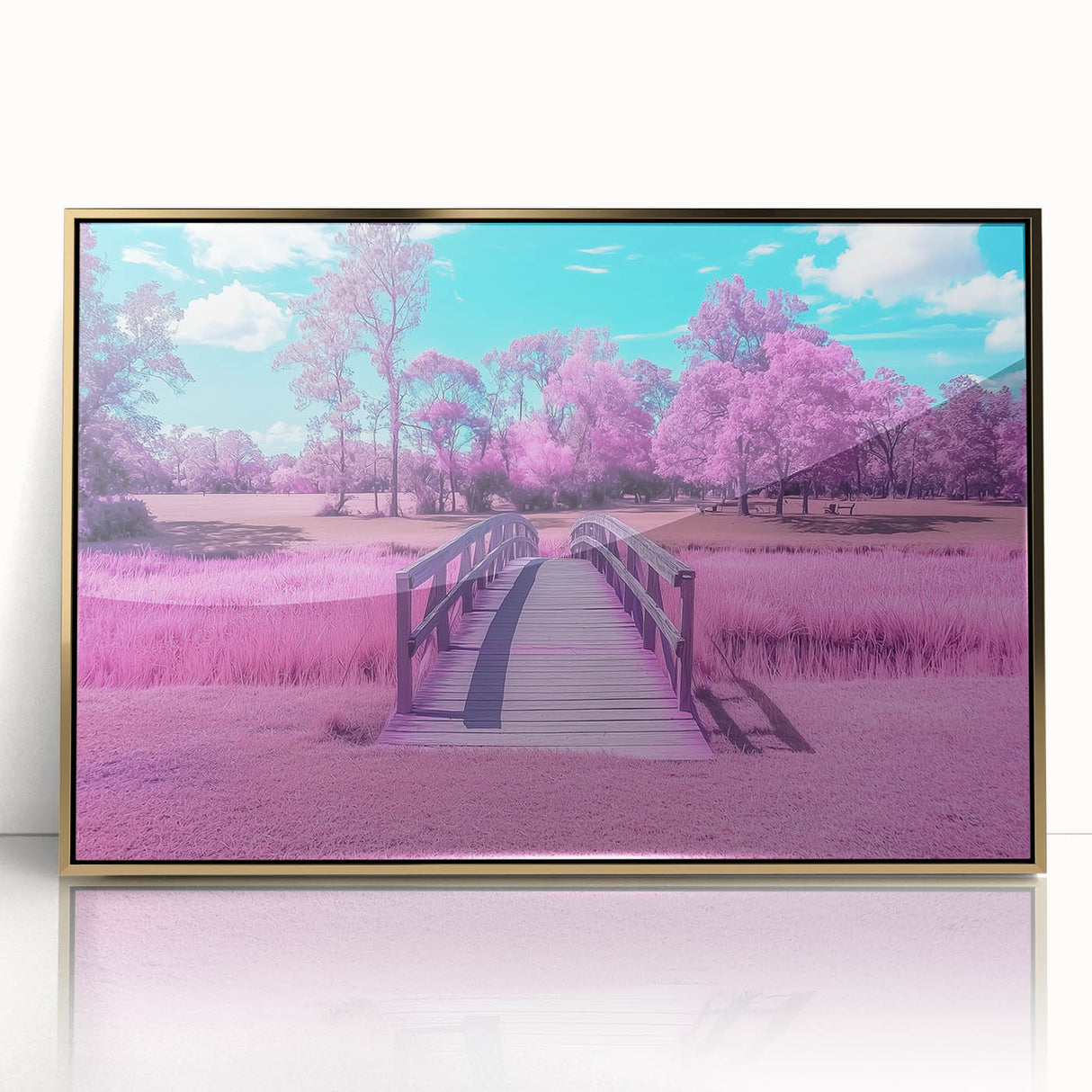 Framed acrylic artwork of a vibrant gold landscape bridge, showcasing intricate details and rich colors, perfect for modern home decor and art enthusiasts.