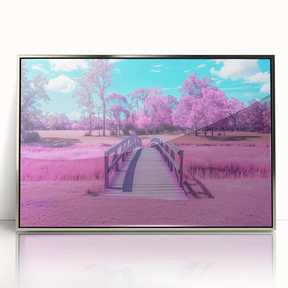 Framed acrylic artwork showcasing a stunning landscape bridge scene with silver accents, ideal for modern home decor. Captivating visual depth and vibrant colors enhance any space.