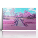 Framed acrylic print showcasing a serene landscape bridge scene, featuring vibrant colors and intricate details, perfect for home or office decor.