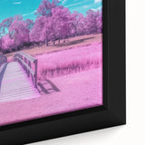 Close-up view of a framed canvas showcasing a serene landscape bridge, featuring vibrant colors and intricate details, ideal for home decor and art enthusiasts.
