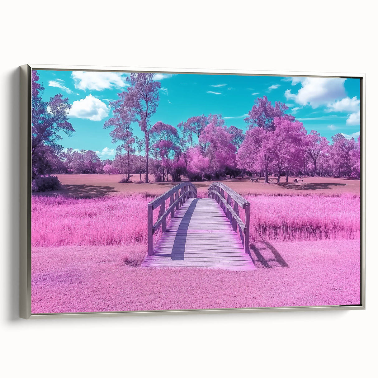 Framed canvas artwork depicting a serene landscape bridge with silver accents, showcasing intricate details and a tranquil color palette, perfect for home decor.