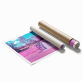 Rolled print of a scenic landscape bridge design featuring vibrant colors and intricate details, securely packaged in a protective cardboard tube for art enthusiasts.