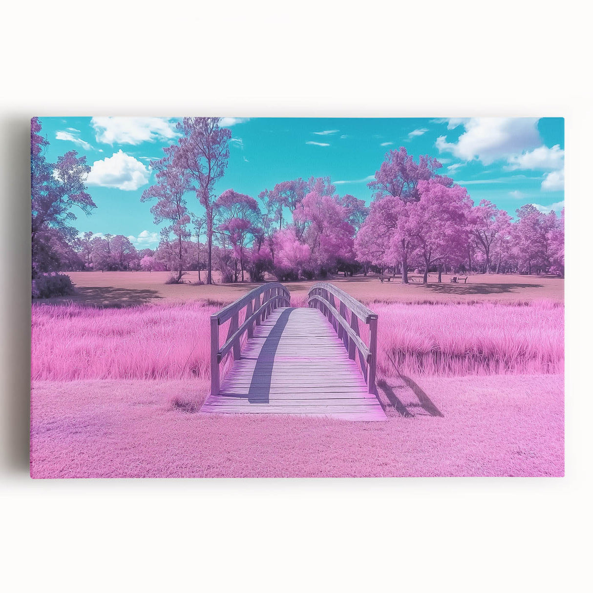 Stretched canvas artwork showcasing a landscape view of a scenic bridge, featuring vibrant colors and intricate details, ideal for home decor or art enthusiasts.