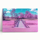 Stretched canvas artwork depicting a serene landscape bridge over a tranquil river, with vibrant greenery and soft clouds, perfect for enhancing home decor.